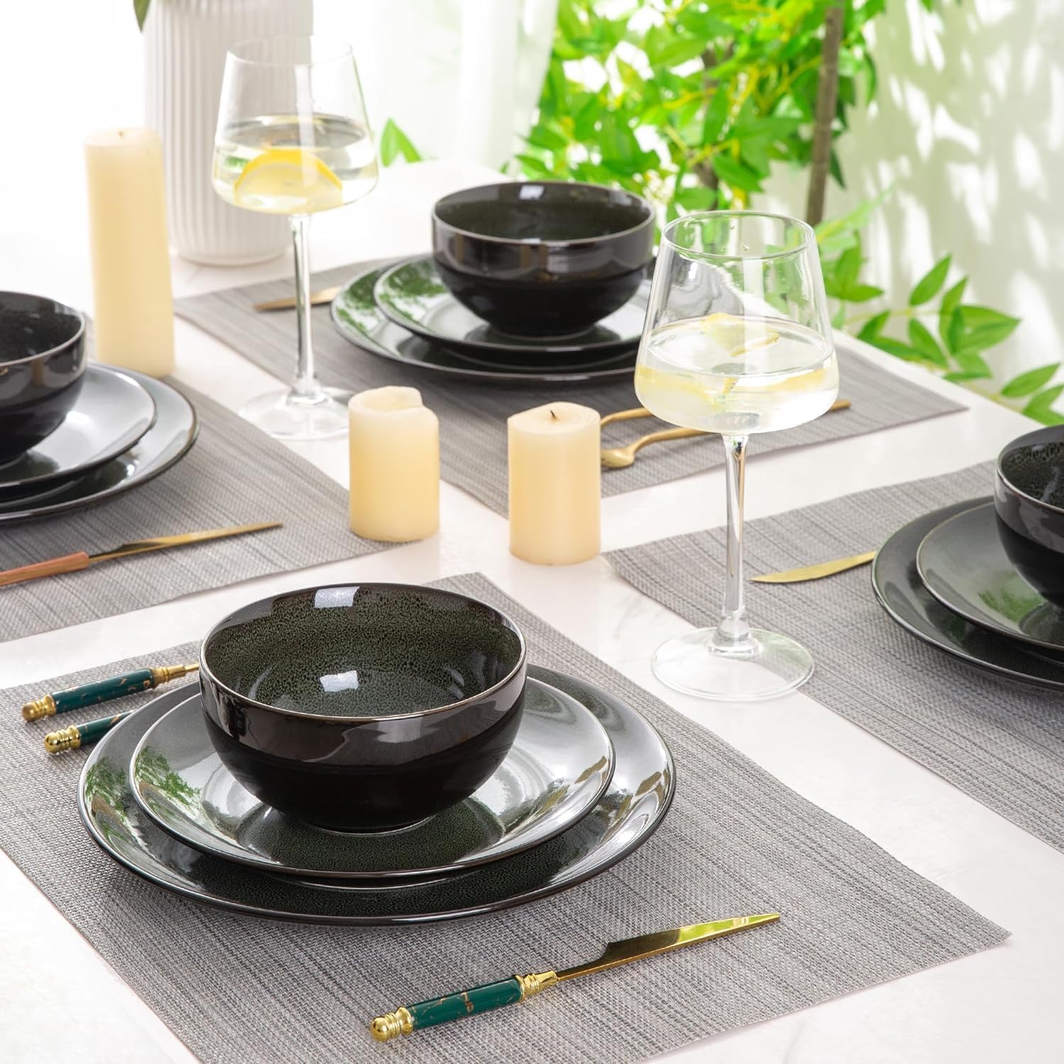 LeRatio Ceramic Dinnerware Sets for 6,Plates and Bowls Sets,Handmade Reactive Glaze Dishes Set,Chip Resistant and Scratch Resistant | Oven&Dishwasher & Microwave Safe,Service for 6-Green (18PCS)