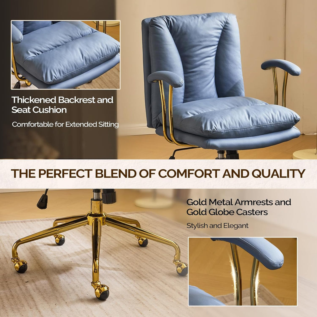 VINGLI Home Office Desk Chair Comfy with Wheels & Armrests,Gold Base Vanity Chair with Back,Adjustable Rolling Swivel Computer Task Chair for Study,Home Office,Cat Scratch PU,Navy Blue
