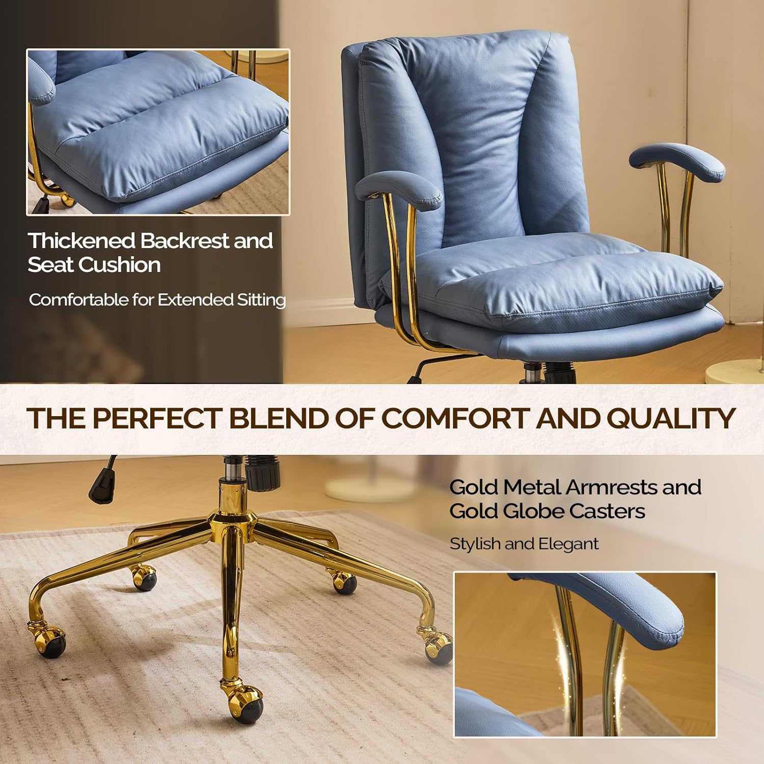 VINGLI Home Office Desk Chair Comfy with Wheels & Armrests,Gold Base Vanity Chair with Back,Adjustable Rolling Swivel Computer Task Chair for Study,Home Office,Cat Scratch PU,Navy Blue