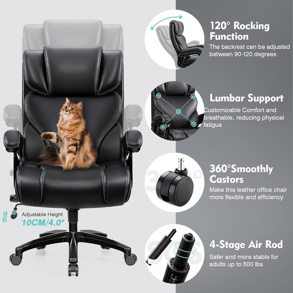 Office Chair, Ergonomic Big and Tall 500lbs Computer Desk Chairs, Heavy Duty Executive Breathable Leather Chair with Adjustable High Back, Lumbar Support Swivel PC Chair