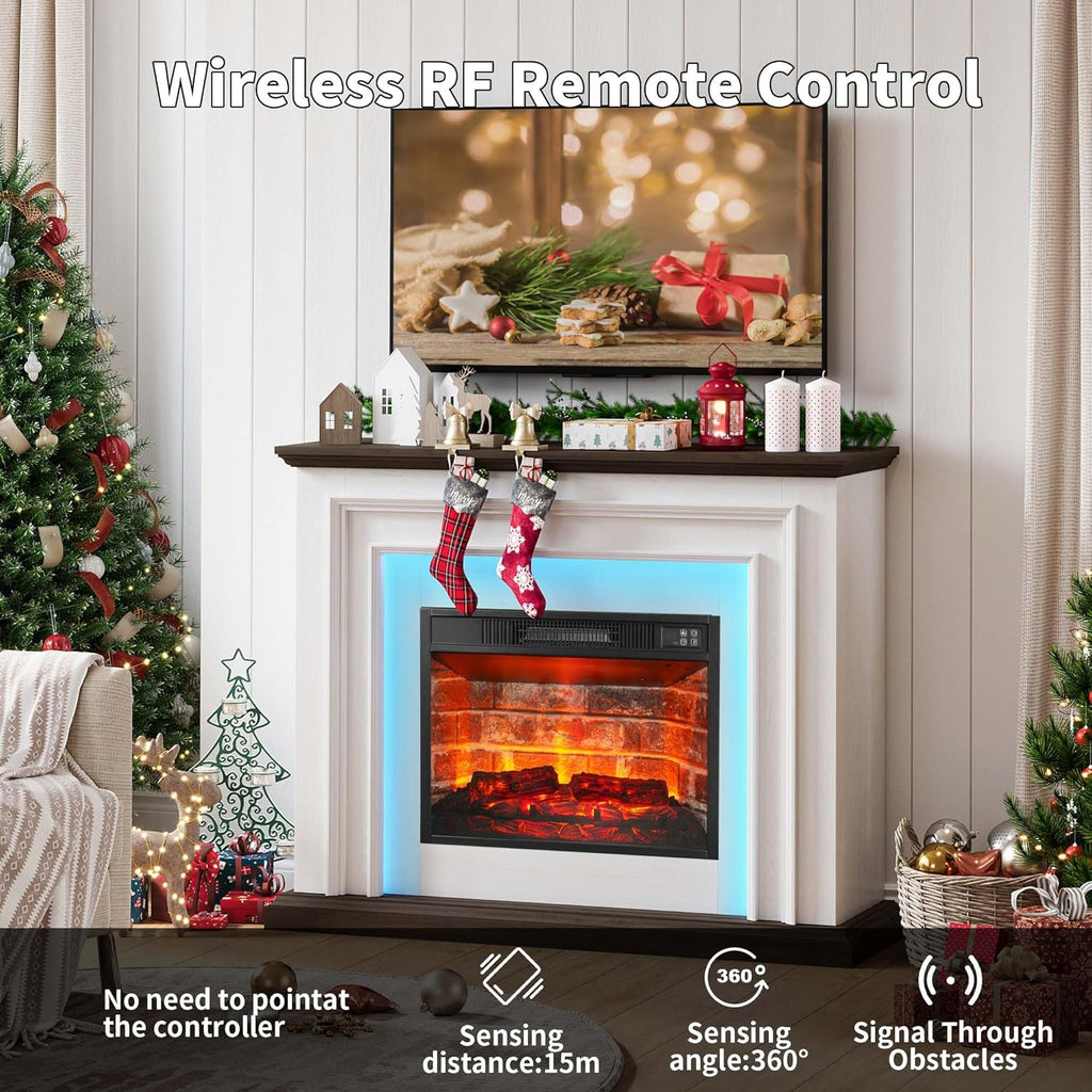 44 Inches LED Lights Electric Fireplace with Mantel, Tall Fireplace Heater Freestanding, Delicate Three-Dimensional molding with Remote Control Timer LED Flame for Living Room, Bedroom, White&Brown