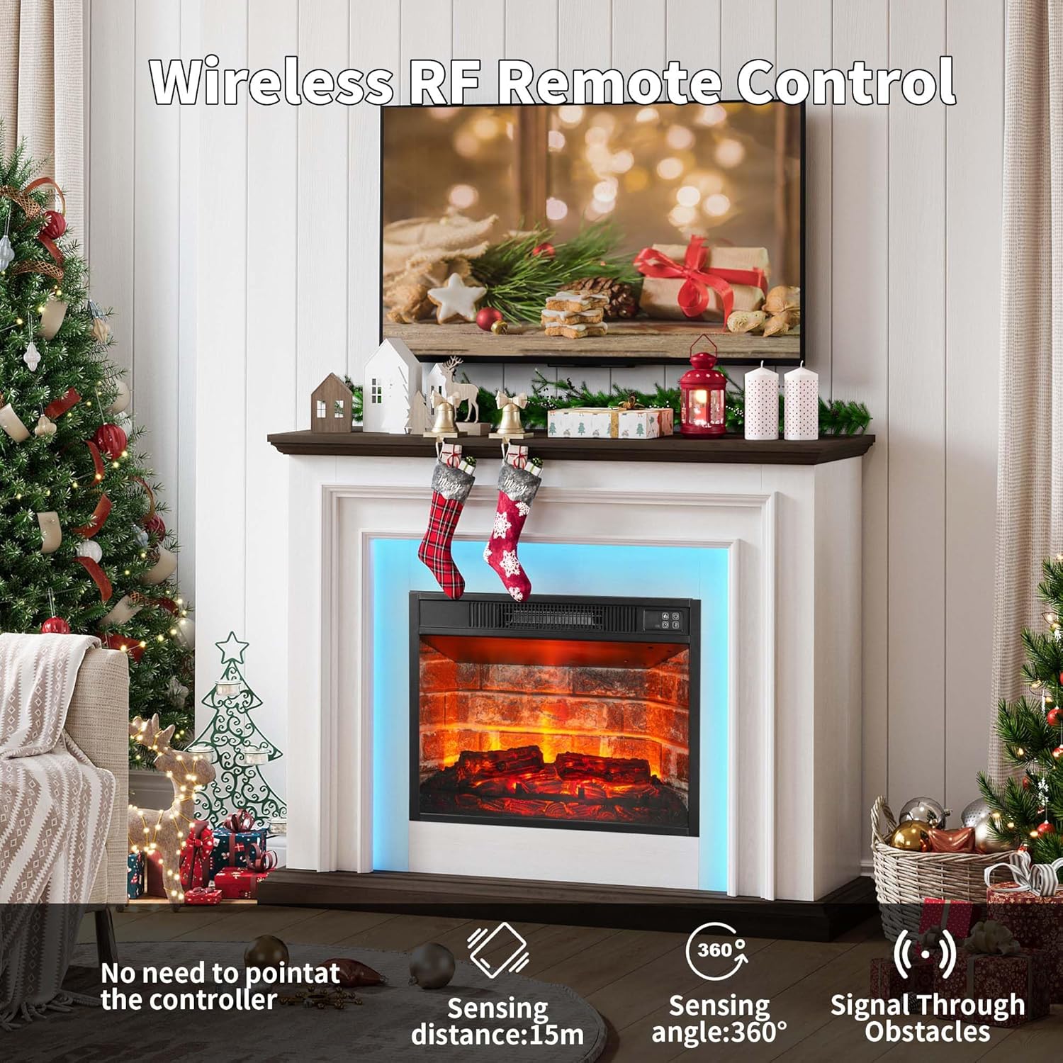 44 Inches LED Lights Electric Fireplace with Mantel, Tall Fireplace Heater Freestanding, Delicate Three-Dimensional molding with Remote Control Timer LED Flame for Living Room, Bedroom, White&Brown