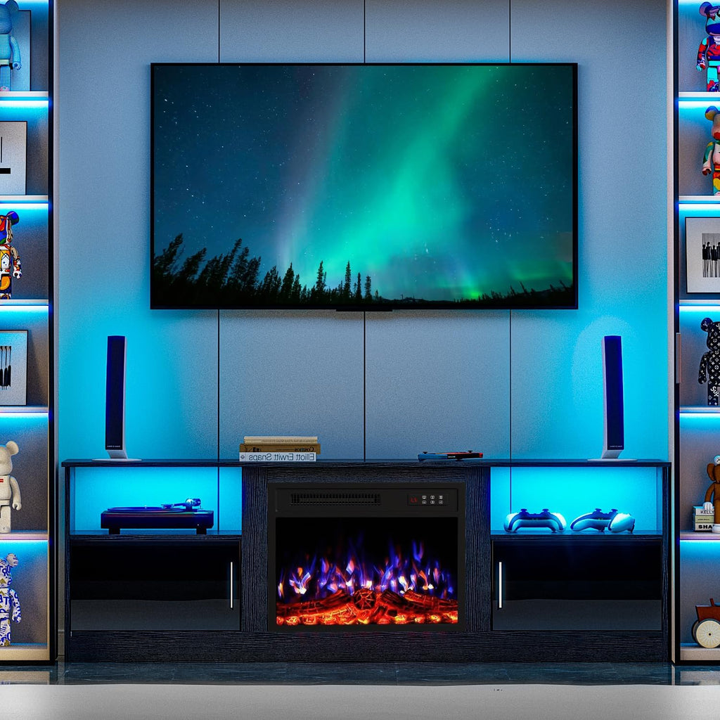 70" Fireplace TV Stand with 23" Electric Fireplace for TVs Up to 80 inch, Modern LED Light Entertainment Center with High Gloss Storage Cabinet, Media TV Consoles for Living Room (Black, 70")