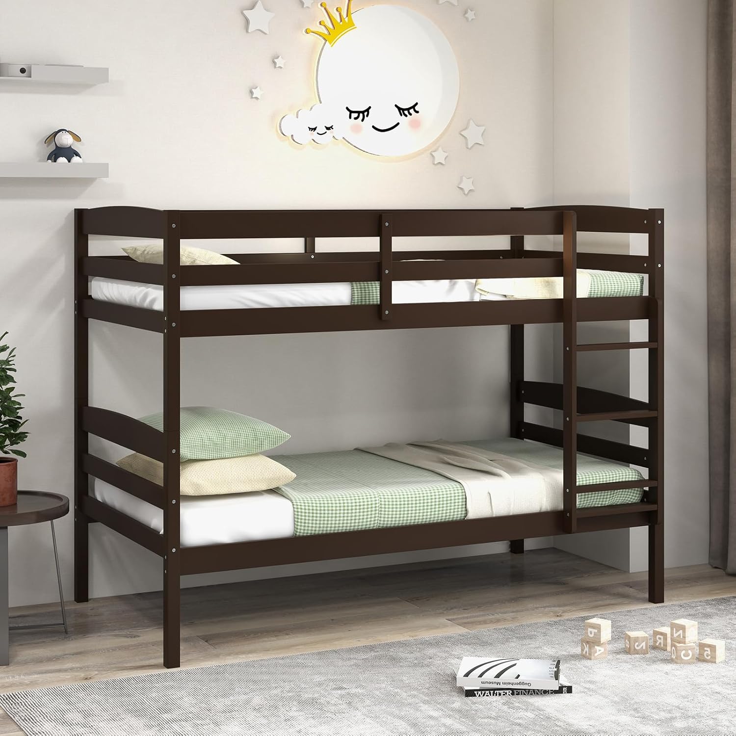 KOMFOTT Bunk Bed Twin Over Twin, Bunk Bed Frame w/Full-Length Guardrail & Integrated Ladder, Wood Bunk Bed for Small Space, Converts to 2 Individual Beds for Kids & Adults, No Box Spring Needed