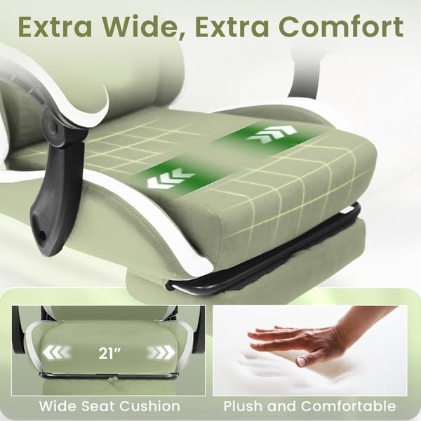 N-GEN GAMING Video Gaming Chair with Footrest Lumbar Support for Home Office High Back Recliner Height Adjustable Ergonomic Comfy Fabric Computer Desk Chair (Green)