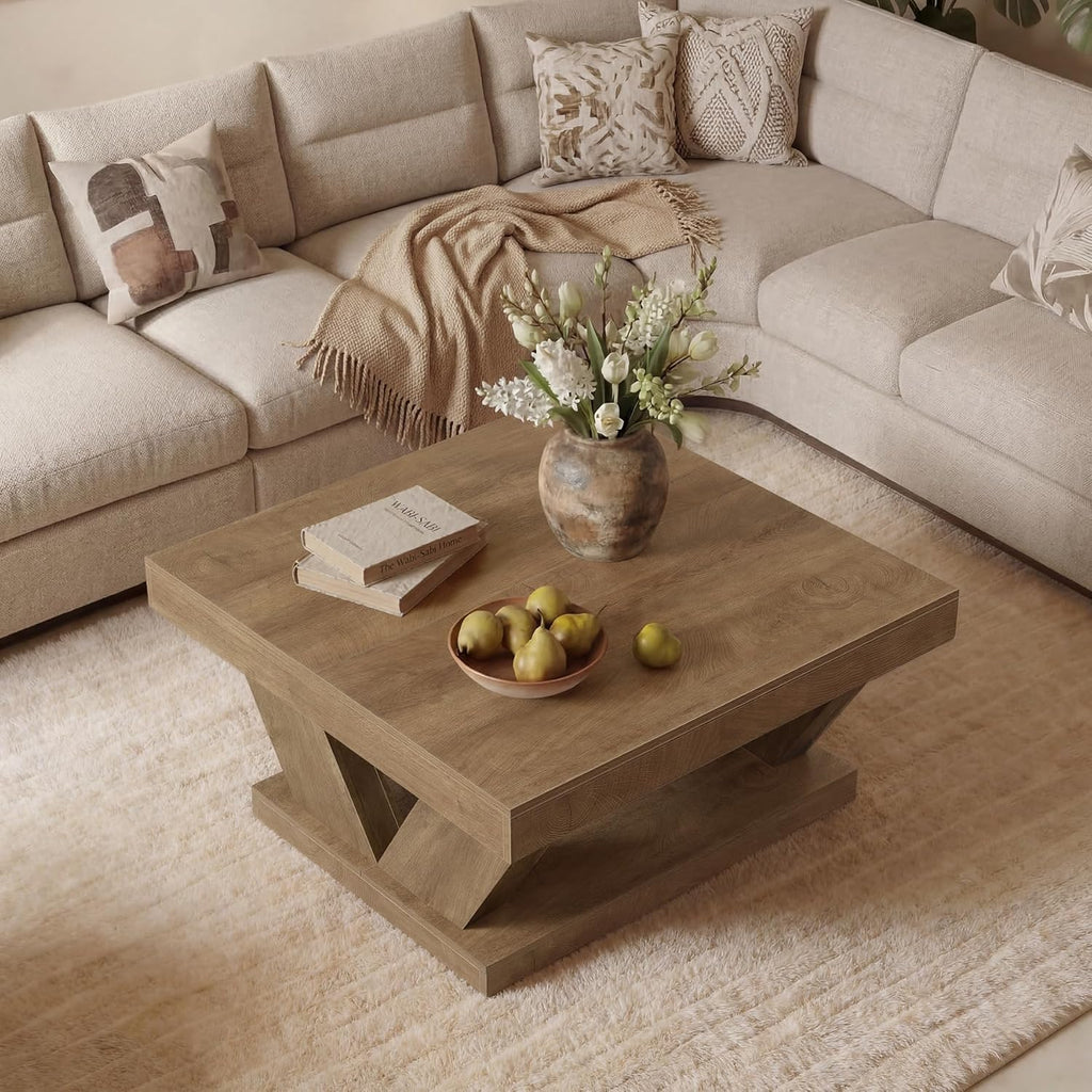 LITTLE TREE Coffee Table, Farmhouse Coffee Table with Large Storage Shelf, 2-Tier Rustic Wood Modern Center Table for Living Room、Home Office, Rustic Brown