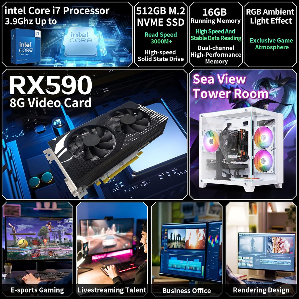 Prebuilt Gaming PC Desktop Computer Intel Core i7 Desktop Operating at A Frequency of 3.4-3.9 GHz RX590 Graphics Card with 8GB GDDR5 Video Memory 16GB RAM  512GB SSD WiFi 5.0 RGB Fan x4