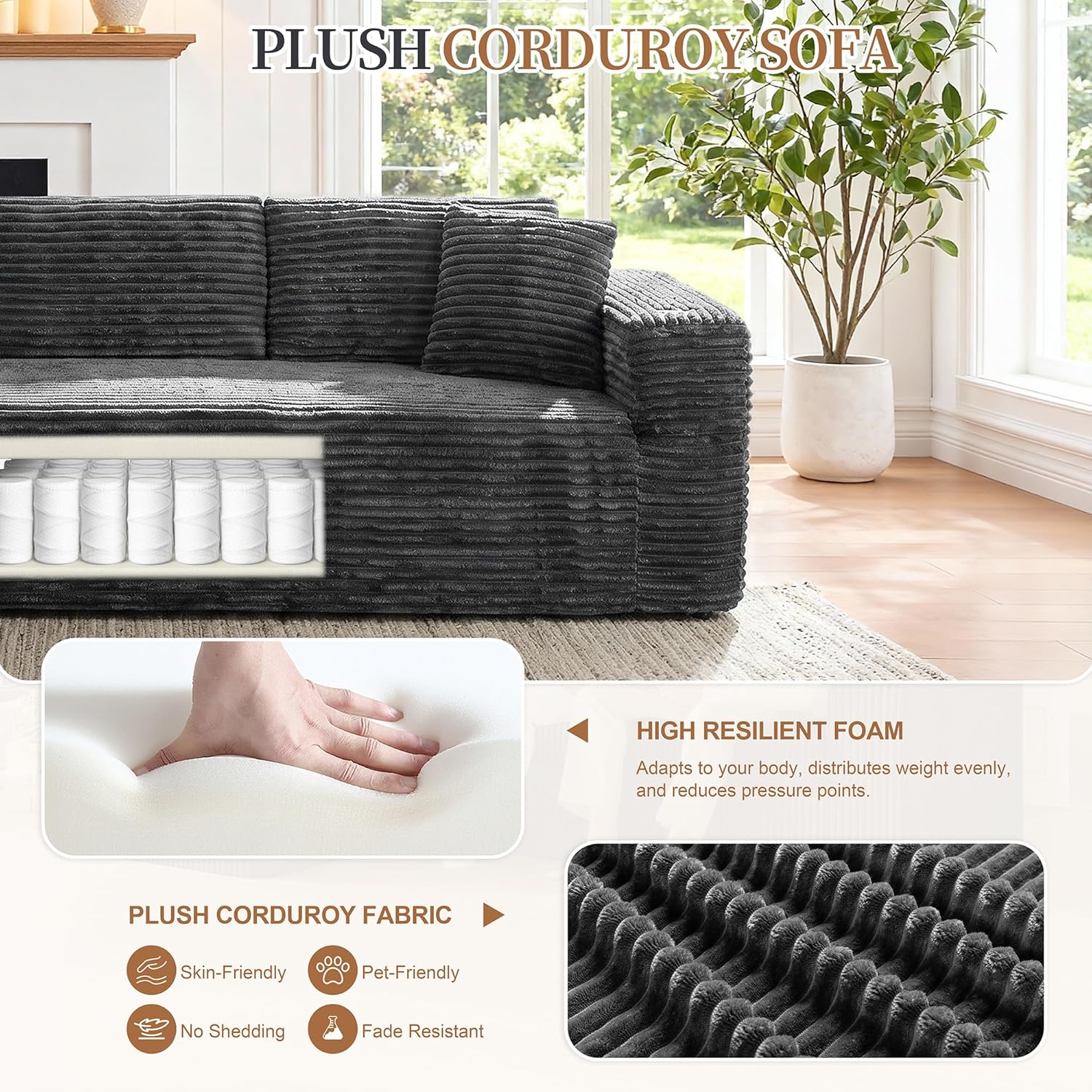 Vongrasig 103" Boneless Couches for Living Room,Sectional Couches Modular Sofa with L-Shaped Chaise, Memory Foam Comfy Cloud Couch with Plush Corduroy Fabric, No Assembly Required, Dark Grey