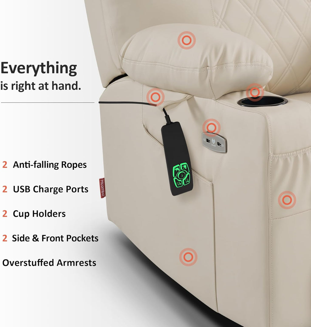 MCombo Small Power Lift Recliner Chair Sofa with Massage and Dual Heating, Adjustable Headrest for Elderly People Petite, USB Ports, Faux Leather 7111 (Cream White)