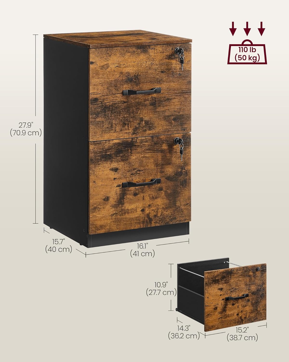 VASAGLE 2 Drawers File Cabinet with Lock, Printer Stand, Office Filing Cabinet Organizer, for A4 and Letter Size Documents, Rustic Brown and Ink Black UOFC061B01