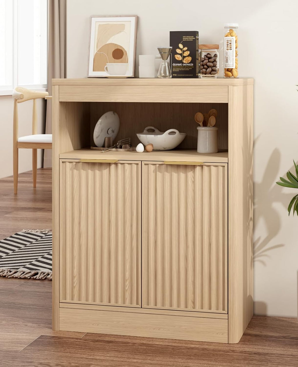 Fluted Buffet Cabinet with Storage, Small Coffee Bar Cabinet with Doors & Adjustable Shelves, Wood Storage Cabinet for Kitchen, Living Room, Entryway, Oak