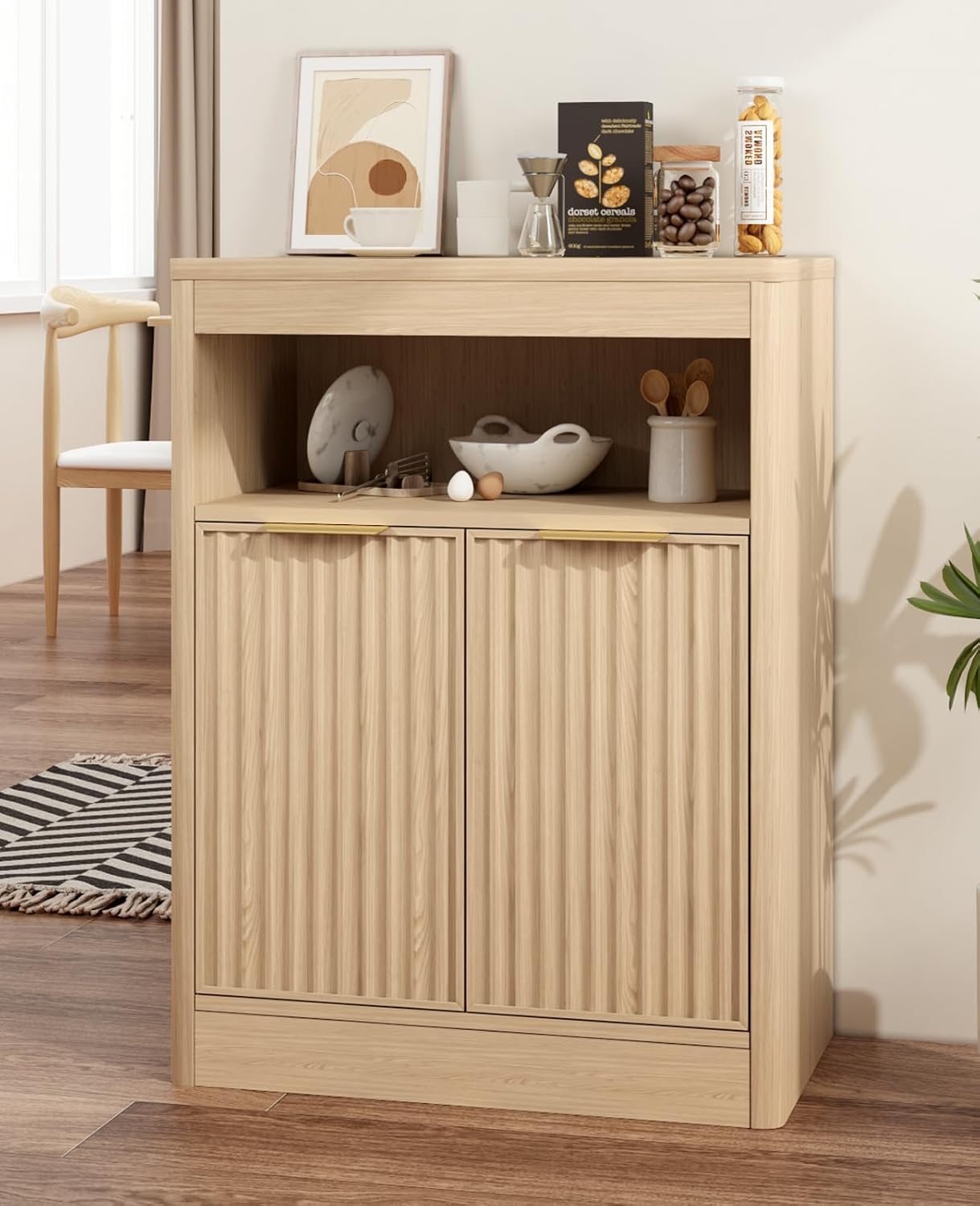 Fluted Buffet Cabinet with Storage, Small Coffee Bar Cabinet with Doors & Adjustable Shelves, Wood Storage Cabinet for Kitchen, Living Room, Entryway, Oak