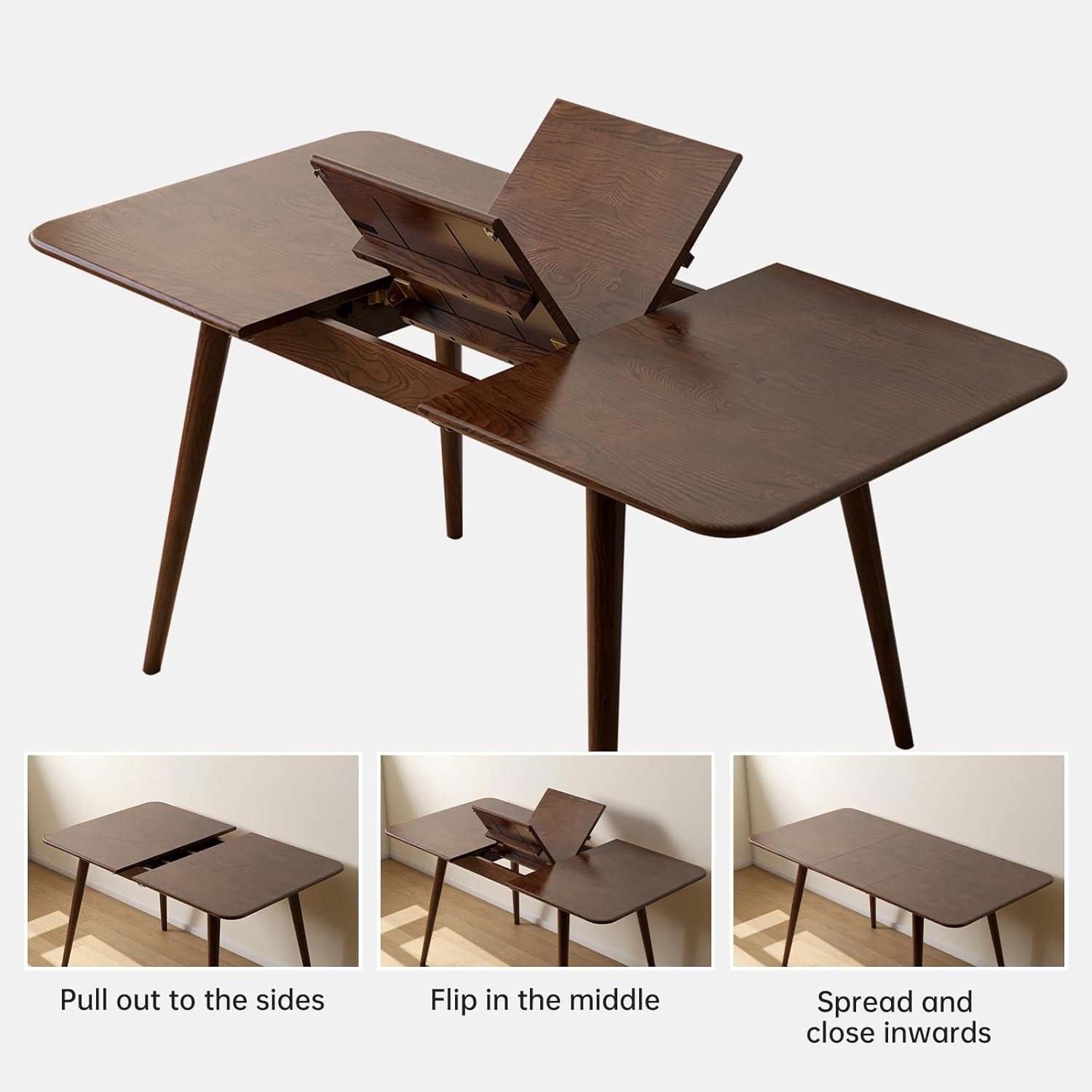 47''-63'' 100% Oak Extendable Dining Table, Solid Wood Folding Kitchen Table, Mid Century Modern Dinner Table for Kitchen, Apartment, Living Room (47''-63'' Walnut)