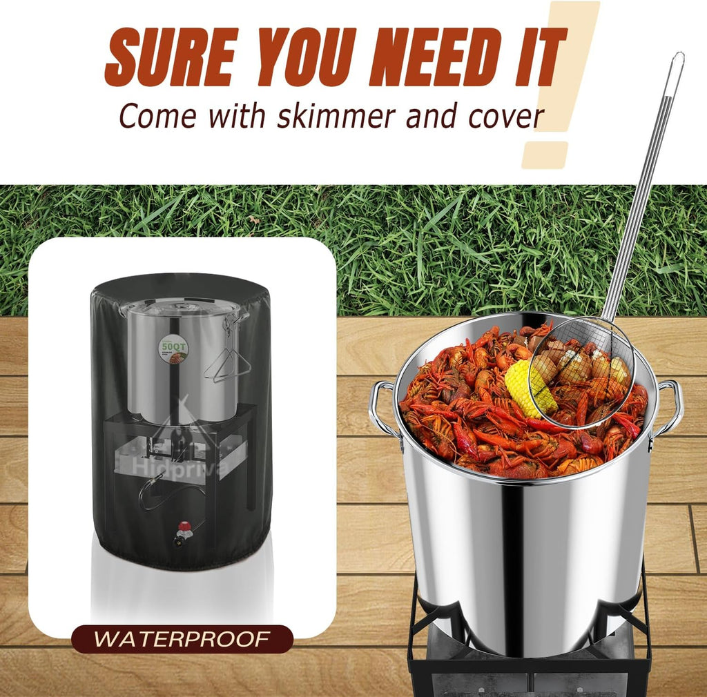Stainless Steel 60QT Crawfish Boiler Kit, Waterproof Cover & 12-inch Skimmer, 110,000BTU Propane Burner Stove, 0-20PSIG Regulator, Seafood Boil Pot, Crab Boil Pot with 50QT Basket