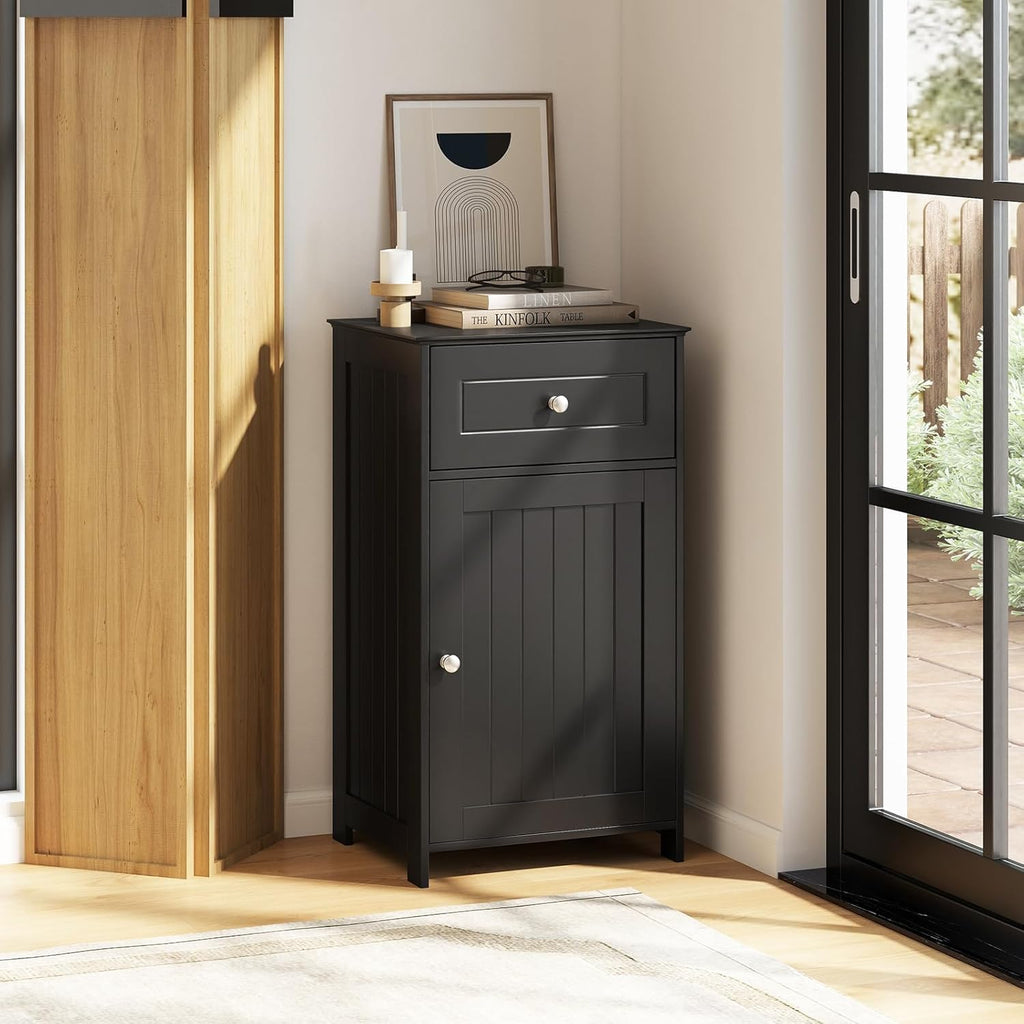 Giantex Floor Bathroom Storage Cabinet - Freestanding Cabinet with Drawer, Door, Adjustable Shelf, Anti-Tipping Device, Storage Organizer for Sofa Side, Bathroom, Living Room, Bedroom, White (Black)
