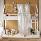 LIKIMIO Bunk Bed Twin Over Full Size, House Bunk Bed Frame with Ladder and Guardrail, House Shaped with Metal Slats Support No Box Spring Needed Space Saving for Bedroom and Dorm, White