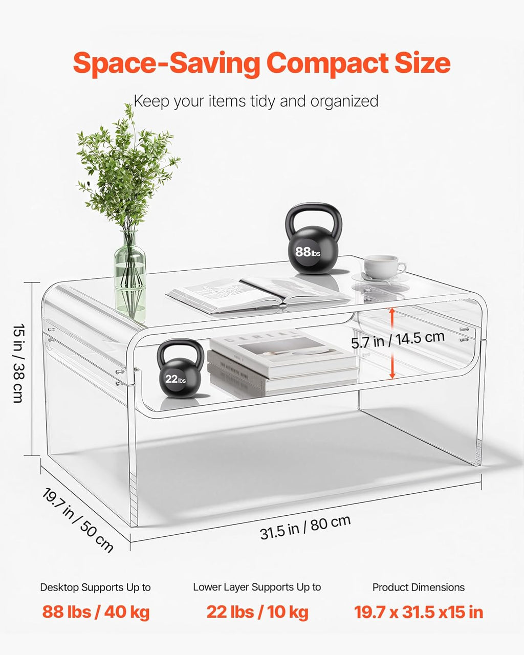 VEVOR Acrylic Coffee Table, Modern Waterfall Center Table with Open Storage Shelf, Clear Rectangle Lucite Desk for Living Room, Office Reception, 31.5" W x 19.7" D x 15" H, Large