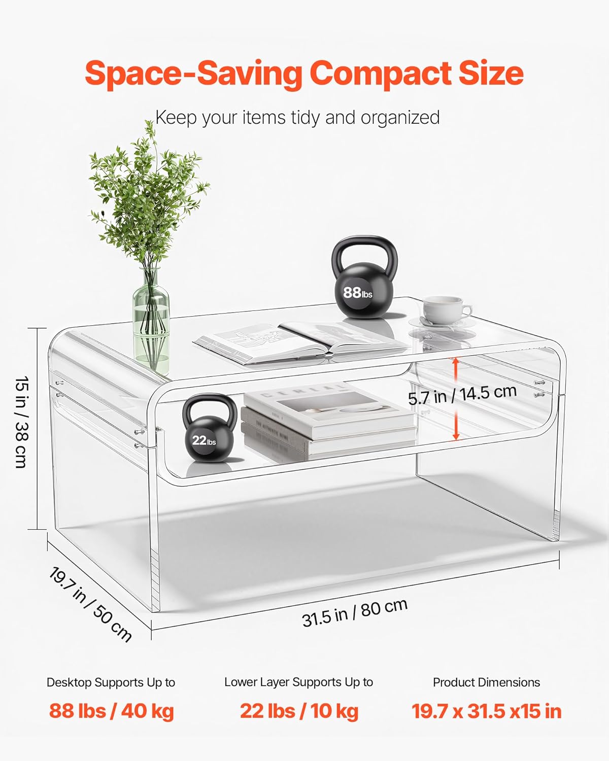 VEVOR Acrylic Coffee Table, Modern Waterfall Center Table with Open Storage Shelf, Clear Rectangle Lucite Desk for Living Room, Office Reception, 31.5" W x 19.7" D x 15" H, Large