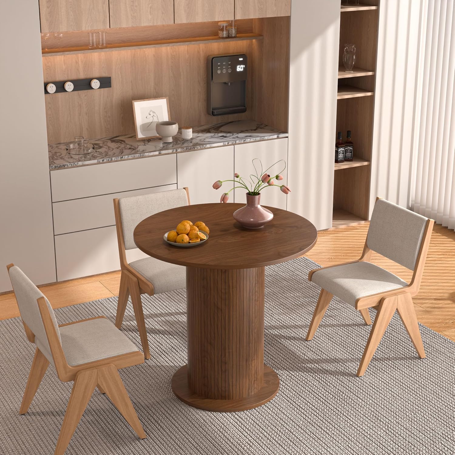 31.5 inch Round Dining Table for 2, Modern Farmhouse Kitchen Table, Small Circle Dining Tables with Wood Strip Base for Kitchen Living Room (Walnut)