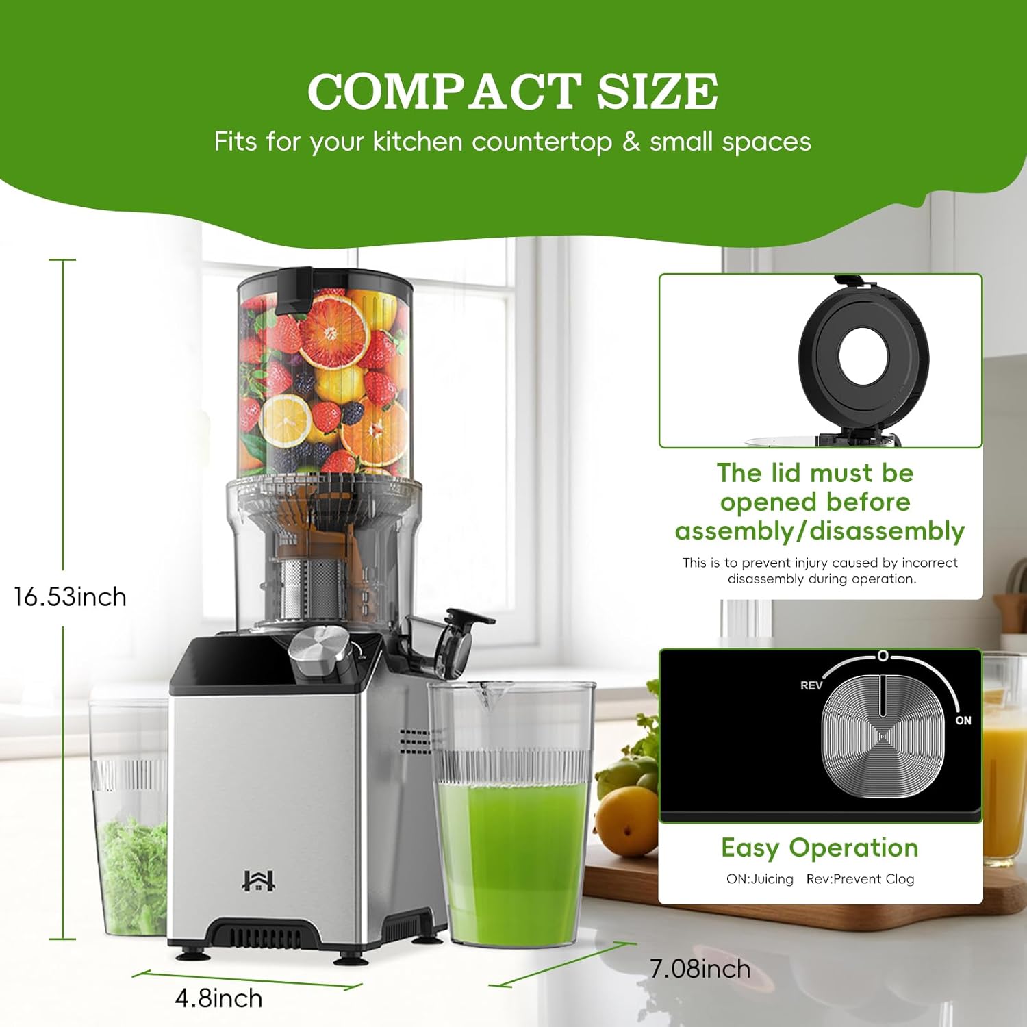 Cold Press Juicer, Wide Feed Chute Juicer Machines, Stainless Steel Slow Masticating Juicers Easy to Clean, Vegetables & Fruits Juice Extractor, High Juice Yield, Silver Knob