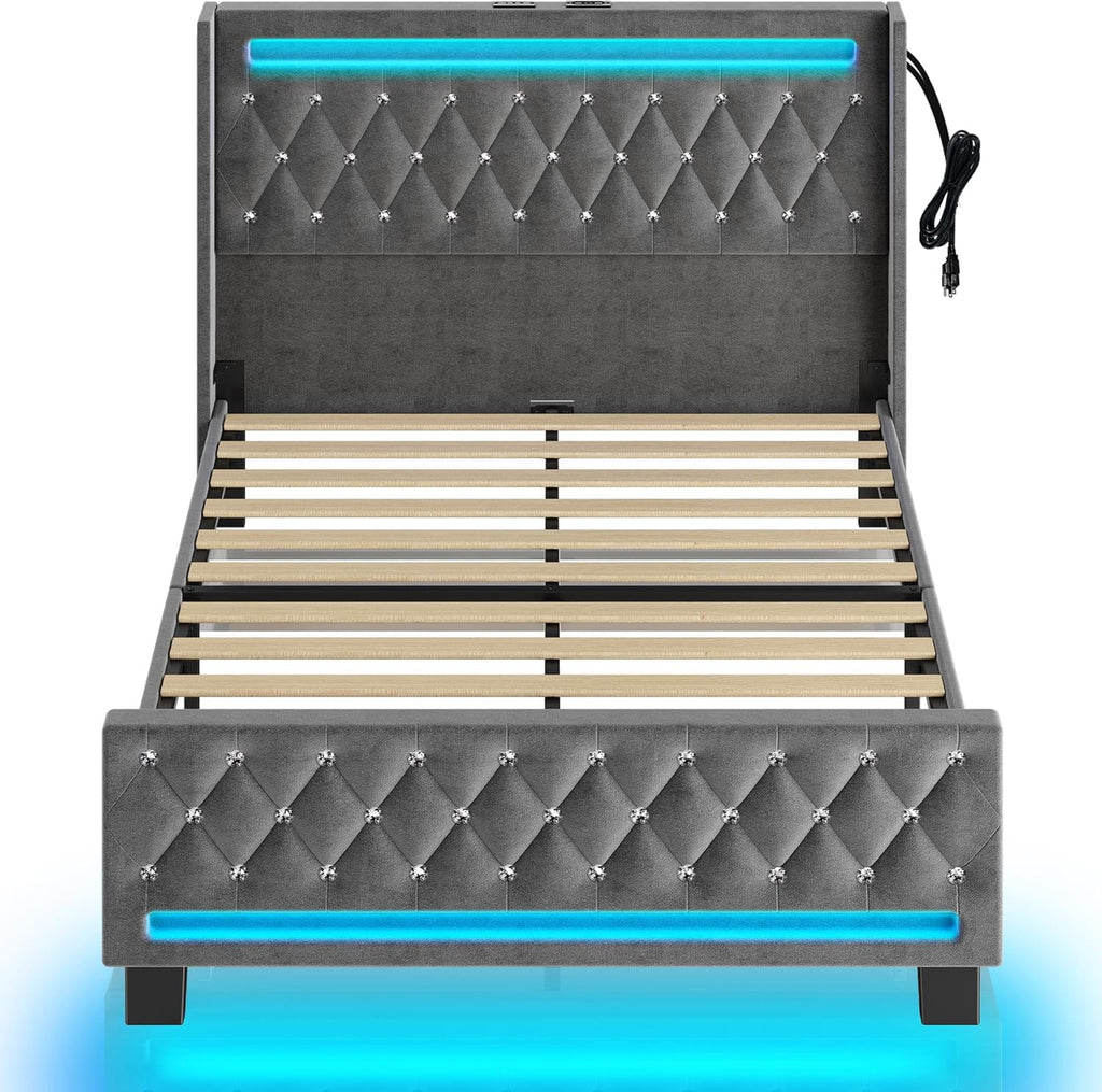 Rolanstar Queen Bed Frame with LED Light and Charging Station, Upholstered High Headboard and Footboard, Wood Slats, Noise Free, Easy Assembly, Grey