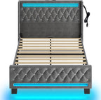 Rolanstar Queen Bed Frame with LED Light and Charging Station, Upholstered High Headboard and Footboard, Wood Slats, Noise Free, Easy Assembly, Grey