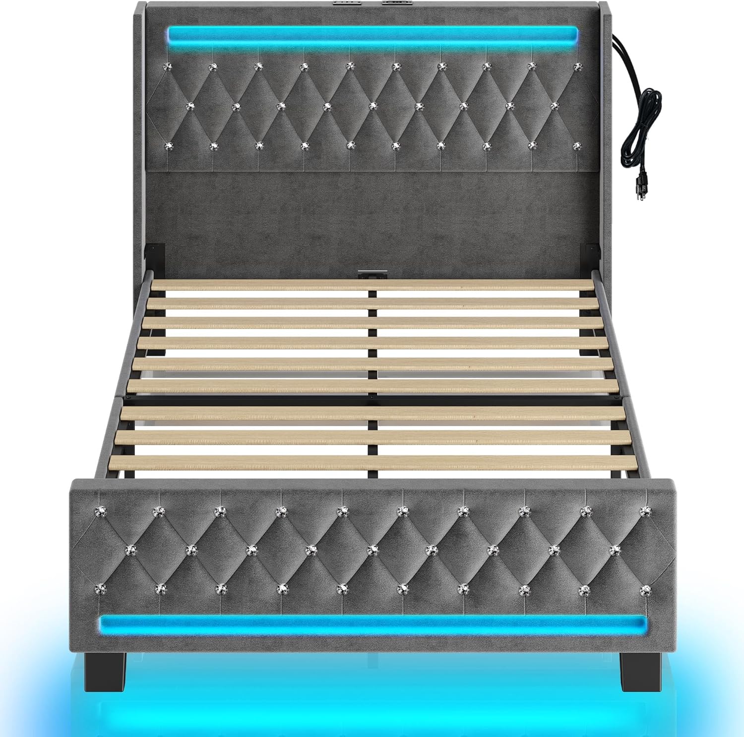 Rolanstar Queen Bed Frame with LED Light and Charging Station, Upholstered High Headboard and Footboard, Wood Slats, Noise Free, Easy Assembly, Grey
