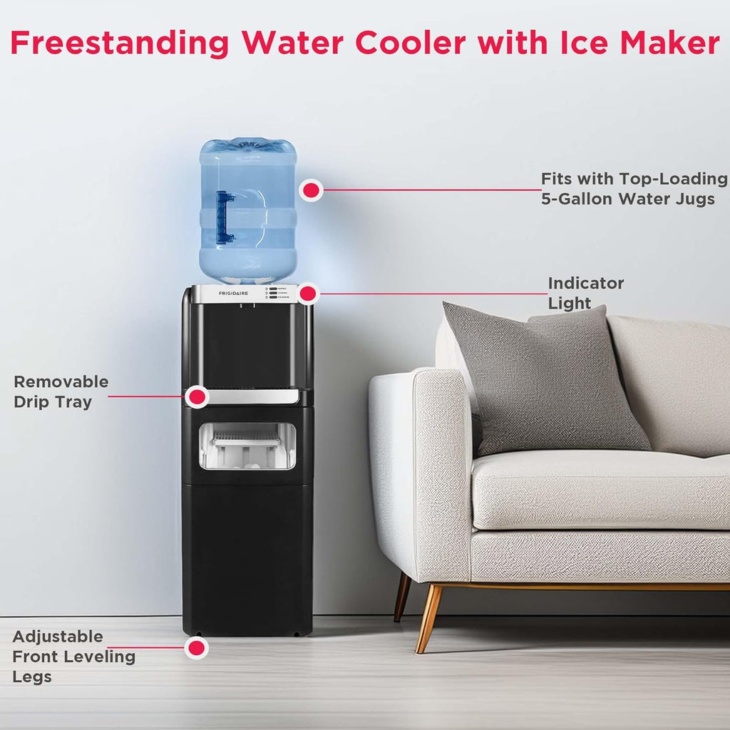 Frigidaire 3-in-1 Ice & Water Machine – Hot or Cold Top-Load Water Cooler Dispenser for 5 Gal Bottle – Built-in Bullet Ice Maker – Compact, Black