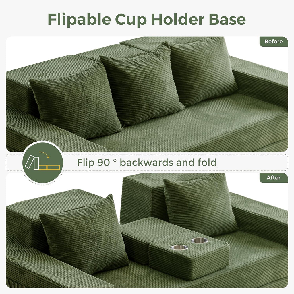 MAXYOYO Convertible Sofa Bed, 80" Oversized Boneless Loveseat Couch 4 in 1 Foldable Floor Sofa Couch in A Box with 2 Cup Holders, Folding Sleeper Chair for Living Room, No Assembly Required, Green