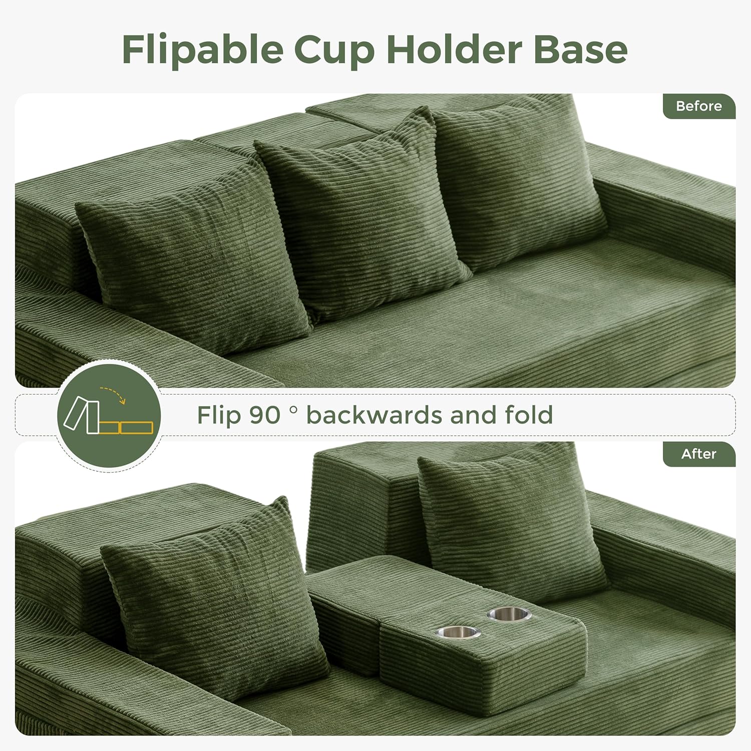 MAXYOYO Convertible Sofa Bed, 80" Oversized Boneless Loveseat Couch 4 in 1 Foldable Floor Sofa Couch in A Box with 2 Cup Holders, Folding Sleeper Chair for Living Room, No Assembly Required, Green