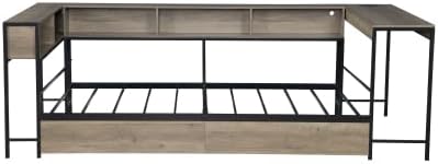 Bellemave Twin Corner Bed Frame with Desk and Storage, Twin Size Captains Bed with Charging Station and LED Light, Wood Daybeds with L-Shaped Bookcase and 2 Drawers, Grey