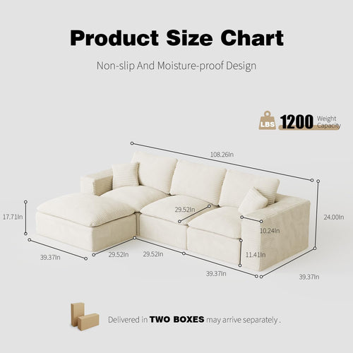 108" Plush Corduroy L Shaped Sectional Cloud Sofa Couch with Ottoman, Soft Deep Seat Modular Sectional Couches for Living Room,No Assembly. Beige