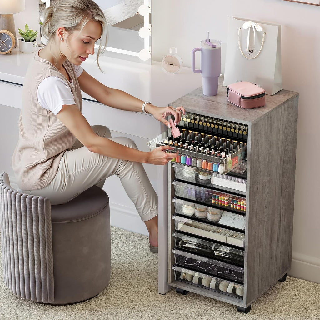 WOPITUES Storage Drawer Cart, Mobile Storage Cabinet, Makeup Storage with 10 Large Clear Drawers, Utility Wooden Rolling Cart on Wheels, for Cosmetic, Art Craft, Office Supplies, Toy, Grey