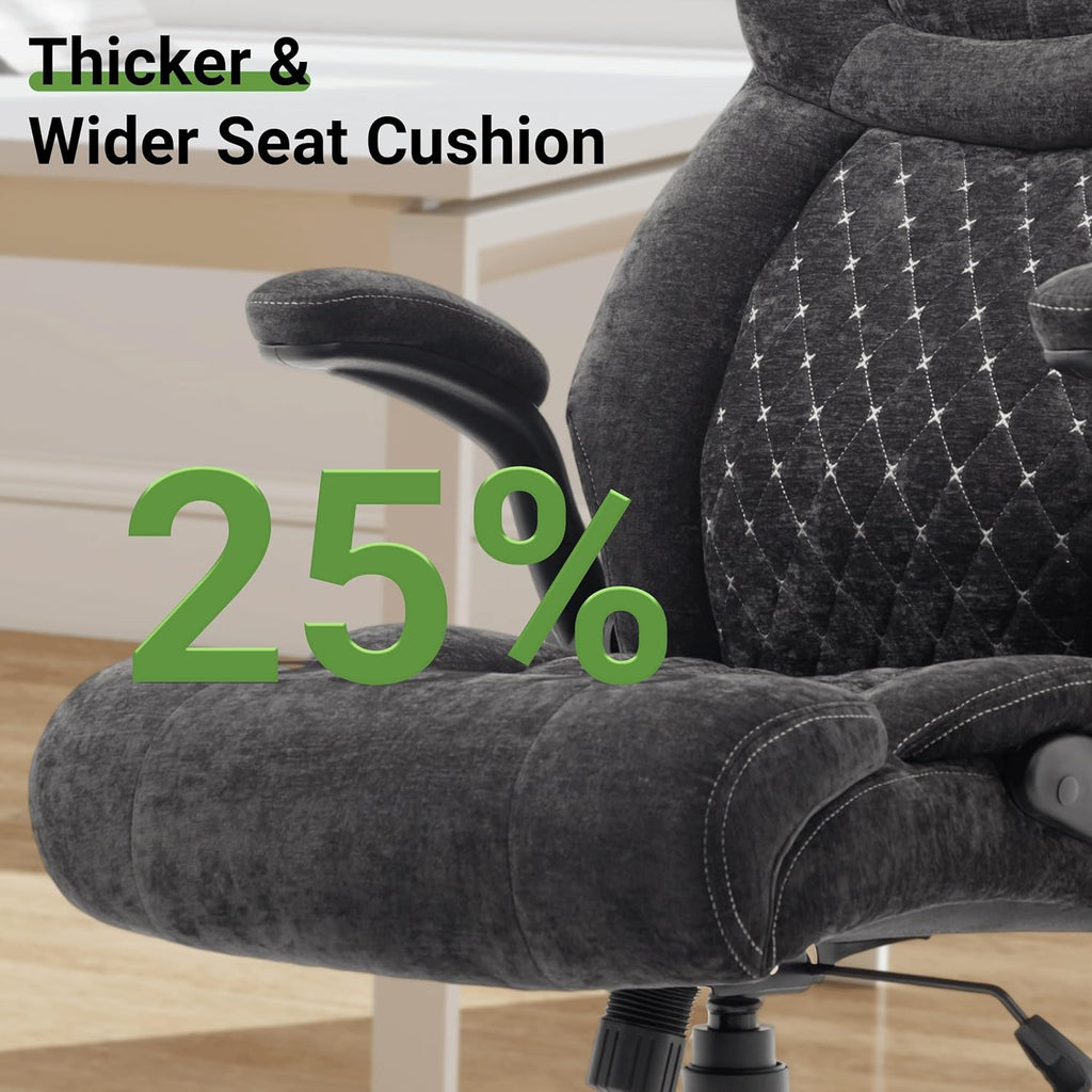 Office Chair, Big and Tall Executive Chairs with Lumbar Support for Back Pain, Breathable Fabric Desk Computer Chair with Adjustable Flip-up Armrests,Wide Cushion Swivel Home Office Chair Black,Black