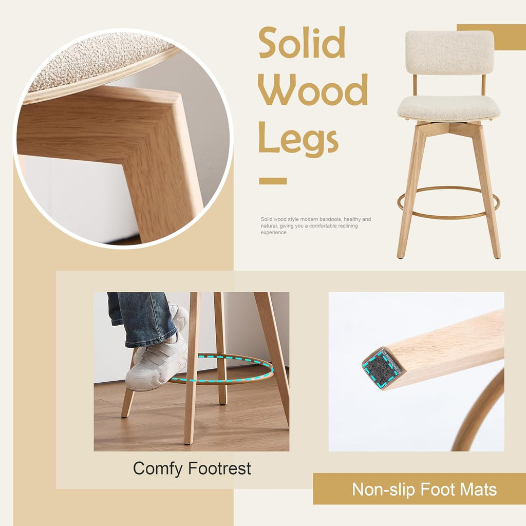 Swivel Counter Height Barstools, 26" Natural Wood Bar Stools Set of 2, Kitchen Counter Stools with Wooden Legs, Linen Fabric Island Chairs for Kitchen Island and Home Pub, Beige + Natural Finish