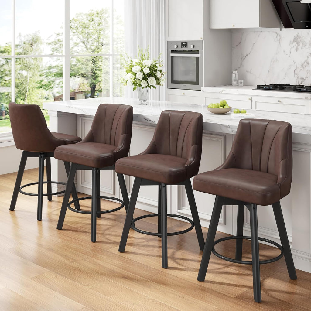 Counter Height Swivel Bar Stool, 24" Upholstered PU Leather Barstools Set of 4, Counter Stool Chair with Back & Solid Wood Legs for Kitchen Island Dining Room (Brown)