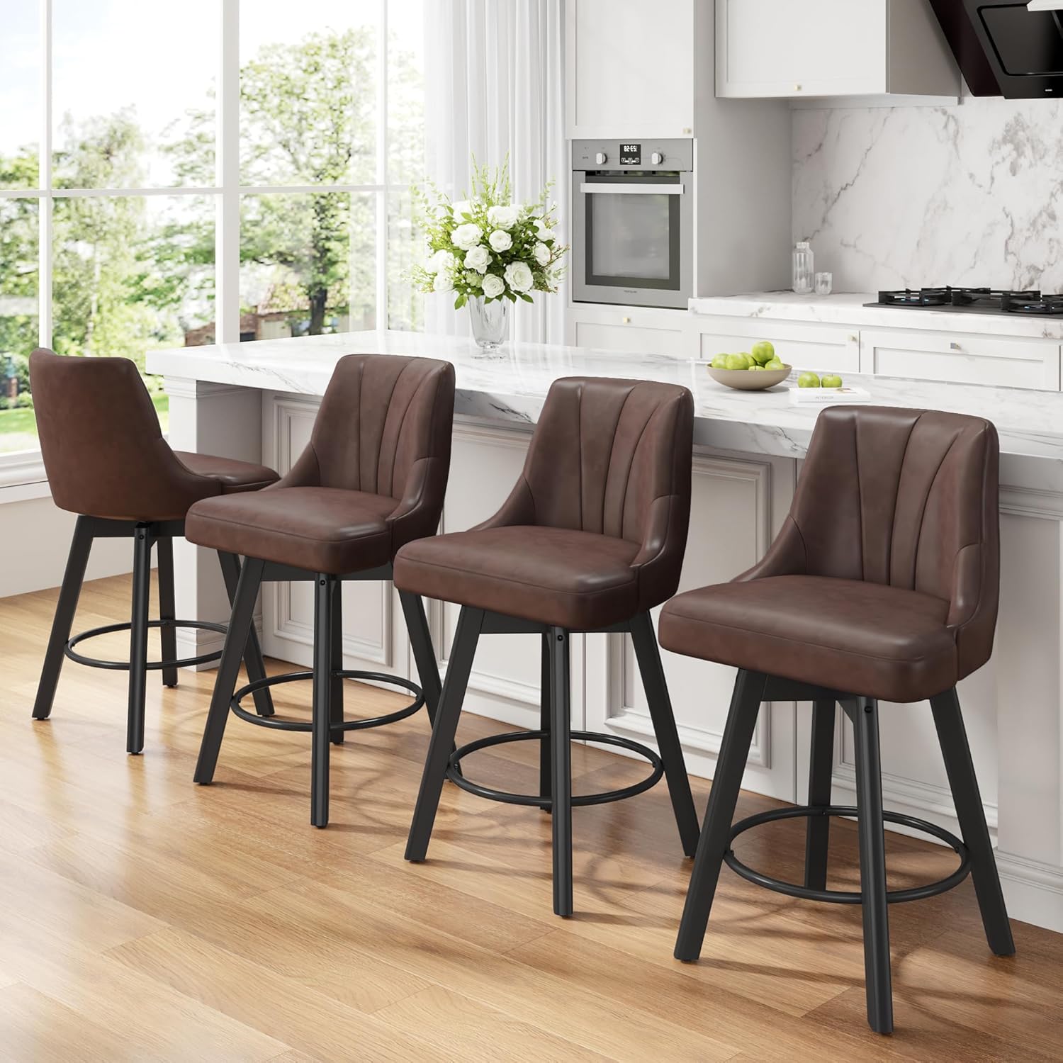 Counter Height Swivel Bar Stool, 24" Upholstered PU Leather Barstools Set of 4, Counter Stool Chair with Back & Solid Wood Legs for Kitchen Island Dining Room (Brown)