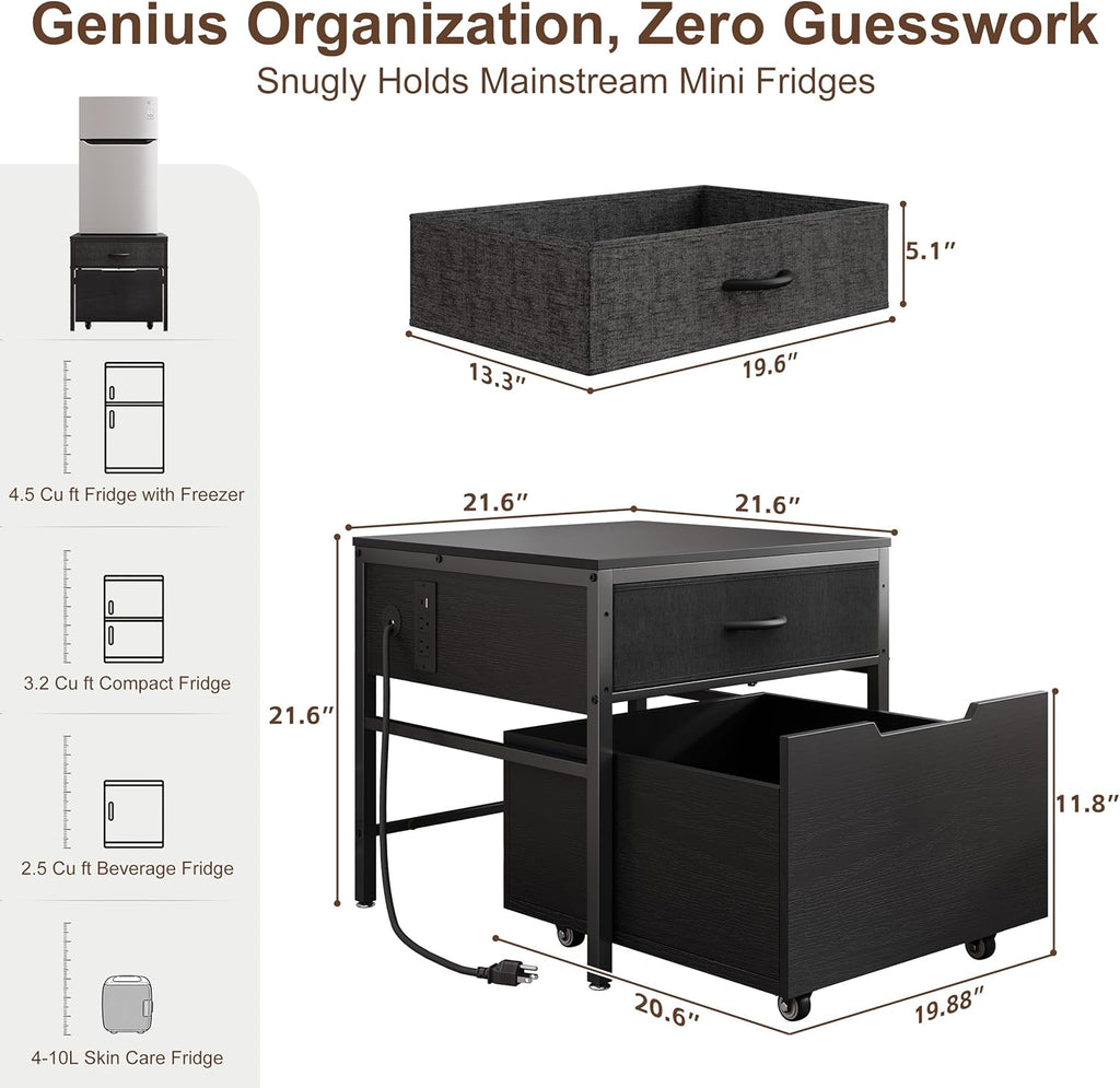 Mini Fridge Stand Cabinet Table Station With Storage Drawers For Dorm Refrigerator To Sit On, Heavy Duty Small Cart With Wheels, Black Office Beverage Shelf and Power Outlet, Sturdy Bedroom Nightstand