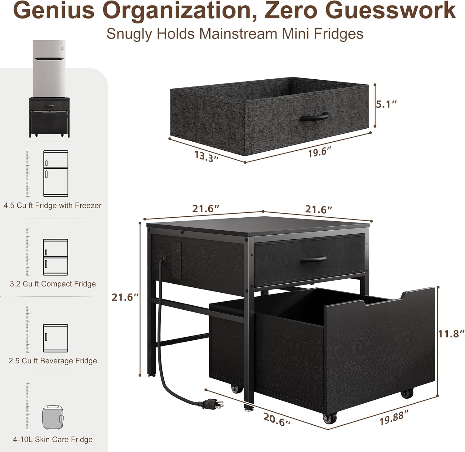 Mini Fridge Stand Cabinet Table Station With Storage Drawers For Dorm Refrigerator To Sit On, Heavy Duty Small Cart With Wheels, Black Office Beverage Shelf and Power Outlet, Sturdy Bedroom Nightstand