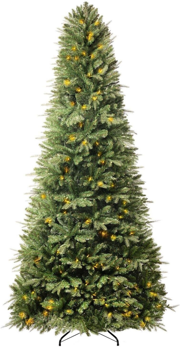 Naomi Home Traditional 7.5ft Prelit Artificial Christmas Tree with 1746 Branch Tips, 550 Warm Lights and Metal Stand, 52" Wide Realistic Fir Christmas Tree with Lights