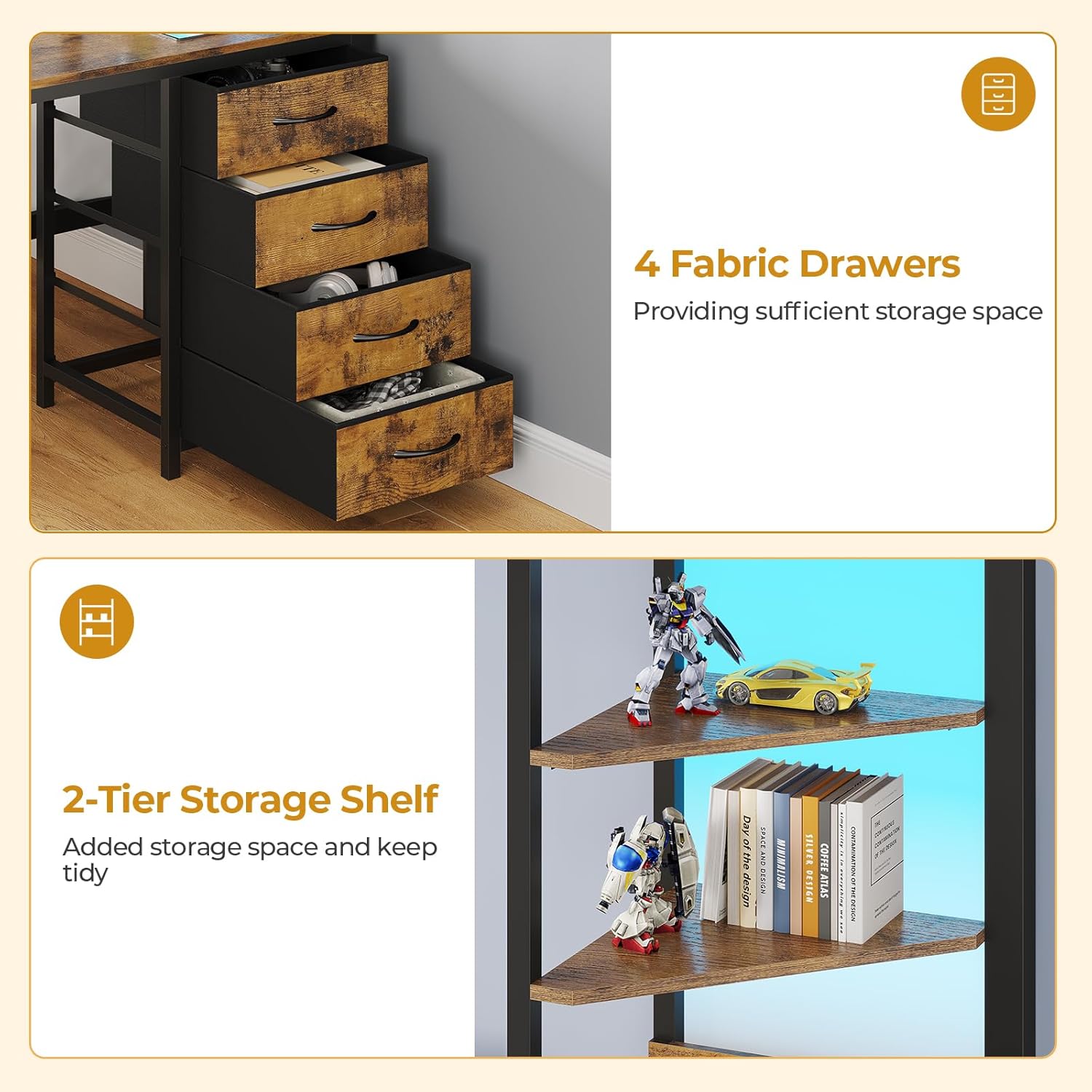 ADORNEVE Bunk Bed with Desk, Full Over Full Bunk Beds with Charging Station & Led Lights, 4 Storage Drawers & 2 Open Storage Shelves, Metal Loft Bed with Safety Guardrail & Ladder for Kids/Teen, Black
