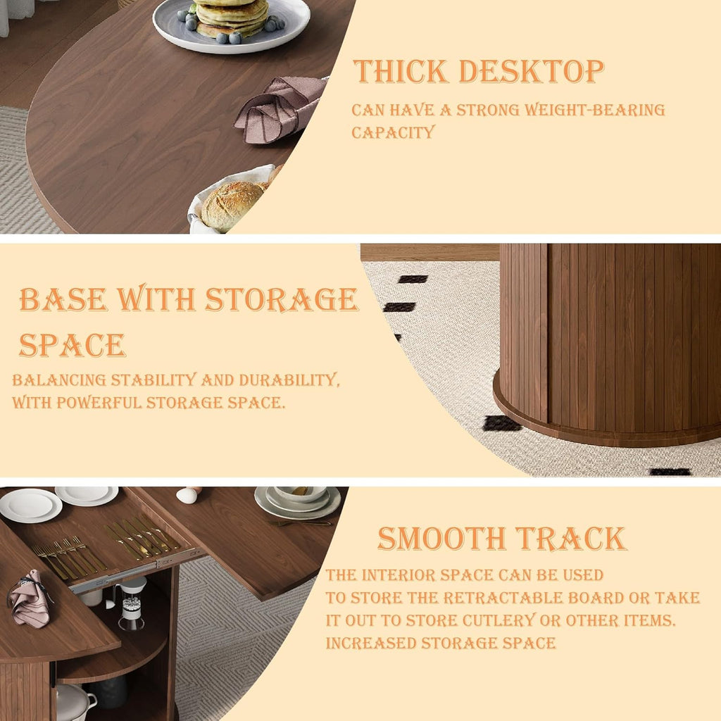 Dining Table for 4-6,59“Extendable Round Dining Room Kitchen Table with Storage,Round Table for Living Room,Fluted Wood Table with Slide Door,Expandable Oval Dinner Furniture with Pedestal Base,Walnut