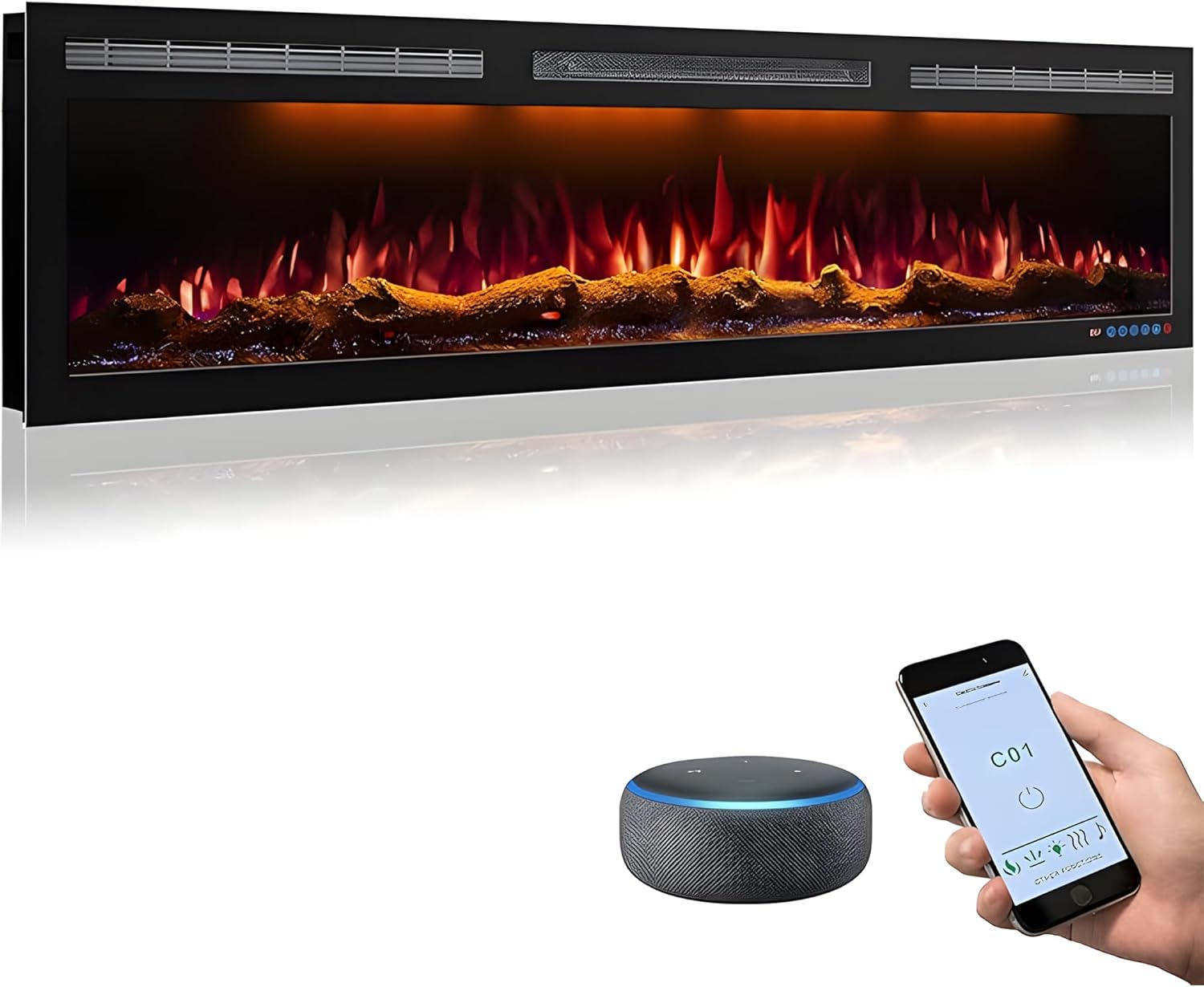 60 Inch WiFi Electric Fireplace Heater, Recessed or Wall Mounted, Ultra‑Slim 5.51" Deep, 750/1500W, 12 Flame Colors & 12 Ember Bed Colors,Remote & App Control, Works with Alexa & Google Home