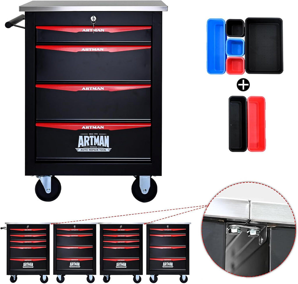 4-Drawer Rolling Tool Chest, Black & Red Modular Tool Box with Wheels, Heavy-Duty Rolling Tool Cabinet for Garage & Workshop Storage