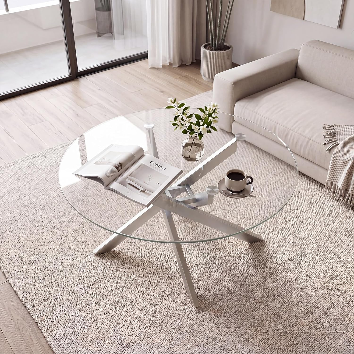 Giantex Round Glass Coffee Table, 31.5" Modern Center Table with Tempered Glass Top & Geometric Metal Frame, Clear Accent Cocktail Table, Small Coffee Table for Living Room, Small Spaces (Silver)