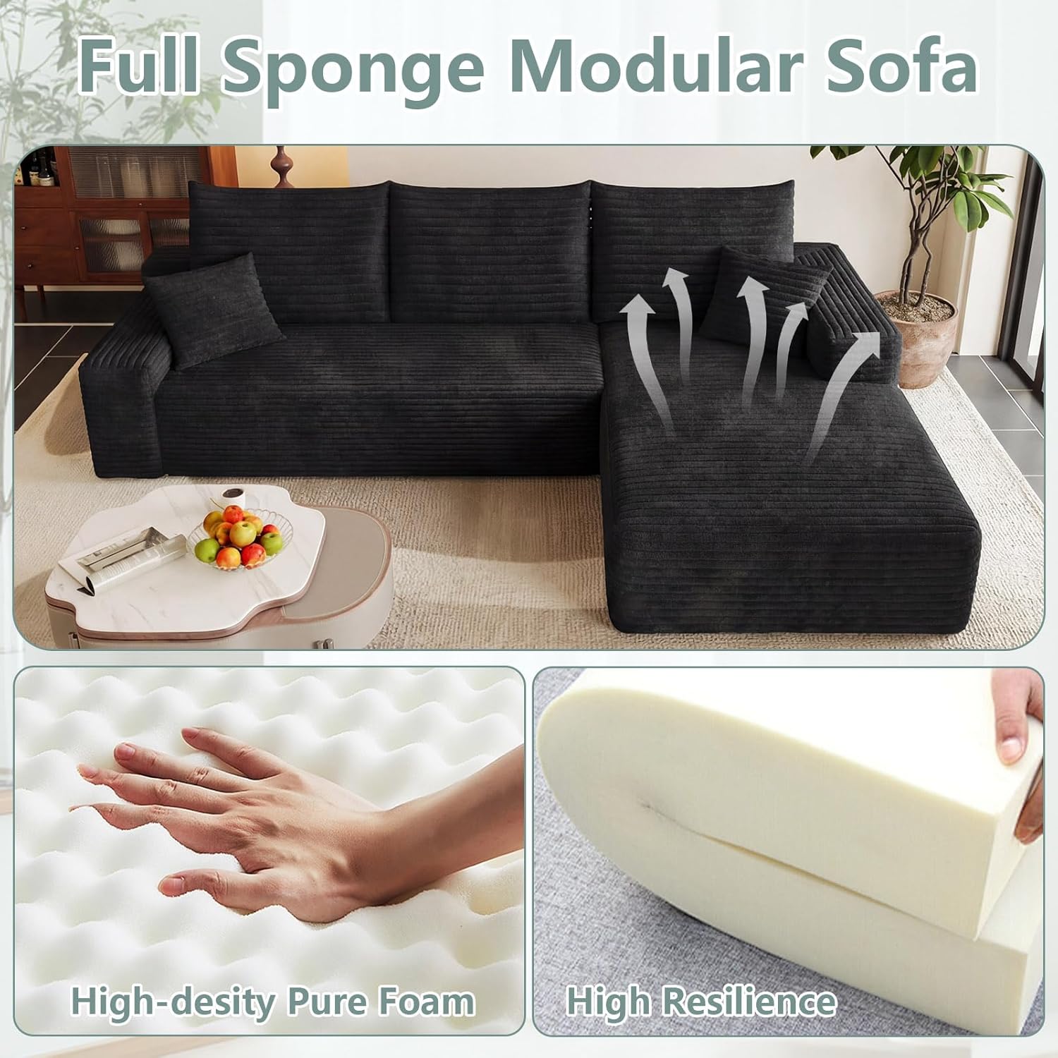 Modular Sectional Sofa Cloud Sectional Couch, 95" Comfy Fluffy L-Shaped Couches for Living Room, Deep Seat Memory Foam Plush Corduroy Boneless Couch Sectionals No Assembly (Black,Right-Facing Chaise)