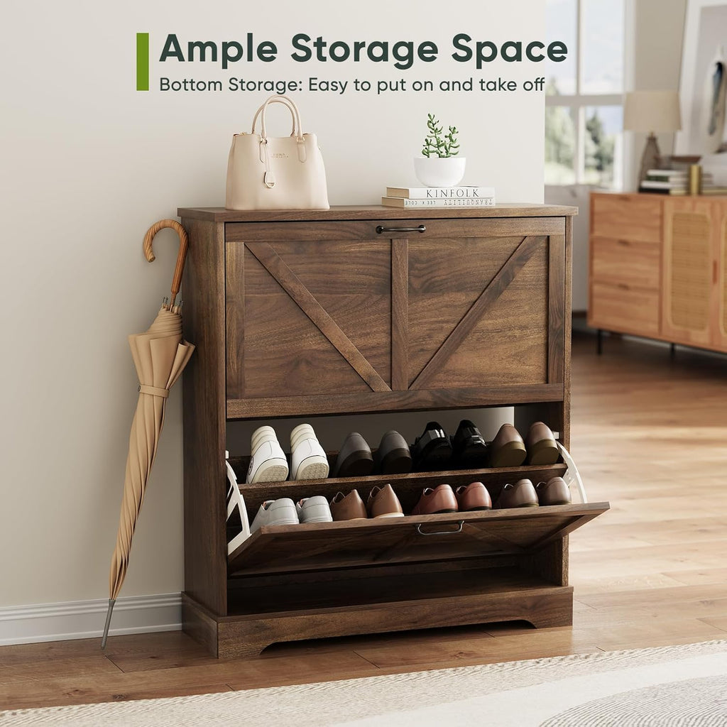 Smart FENDEE Shoe Cabinet, Shoe Storage Cabinet for Entryway with 2 Flip Drawers, Narrow Farmhouse Shoe Organizer Cabinet, Slim Shoe Rack Cabinet, 31.5in Walnut