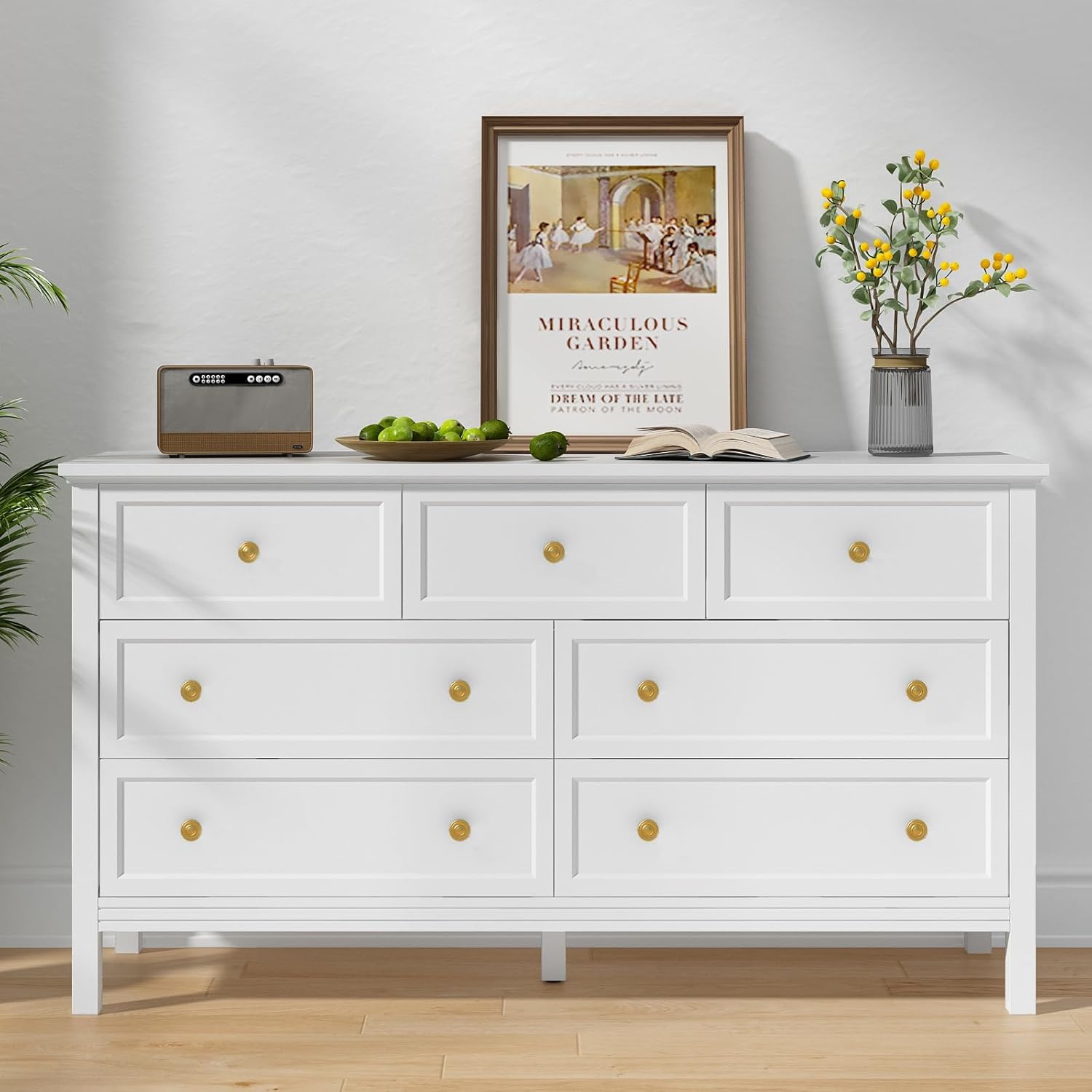 CARPETNAL White Dresser for Bedroom, 7 Drawer Dresser with Wide Drawers and Gold Metal Handles, 55" White and Gold Dressers TV Stand, Modern Dressers & Chests of Drawers for Hallyway, Entryway.