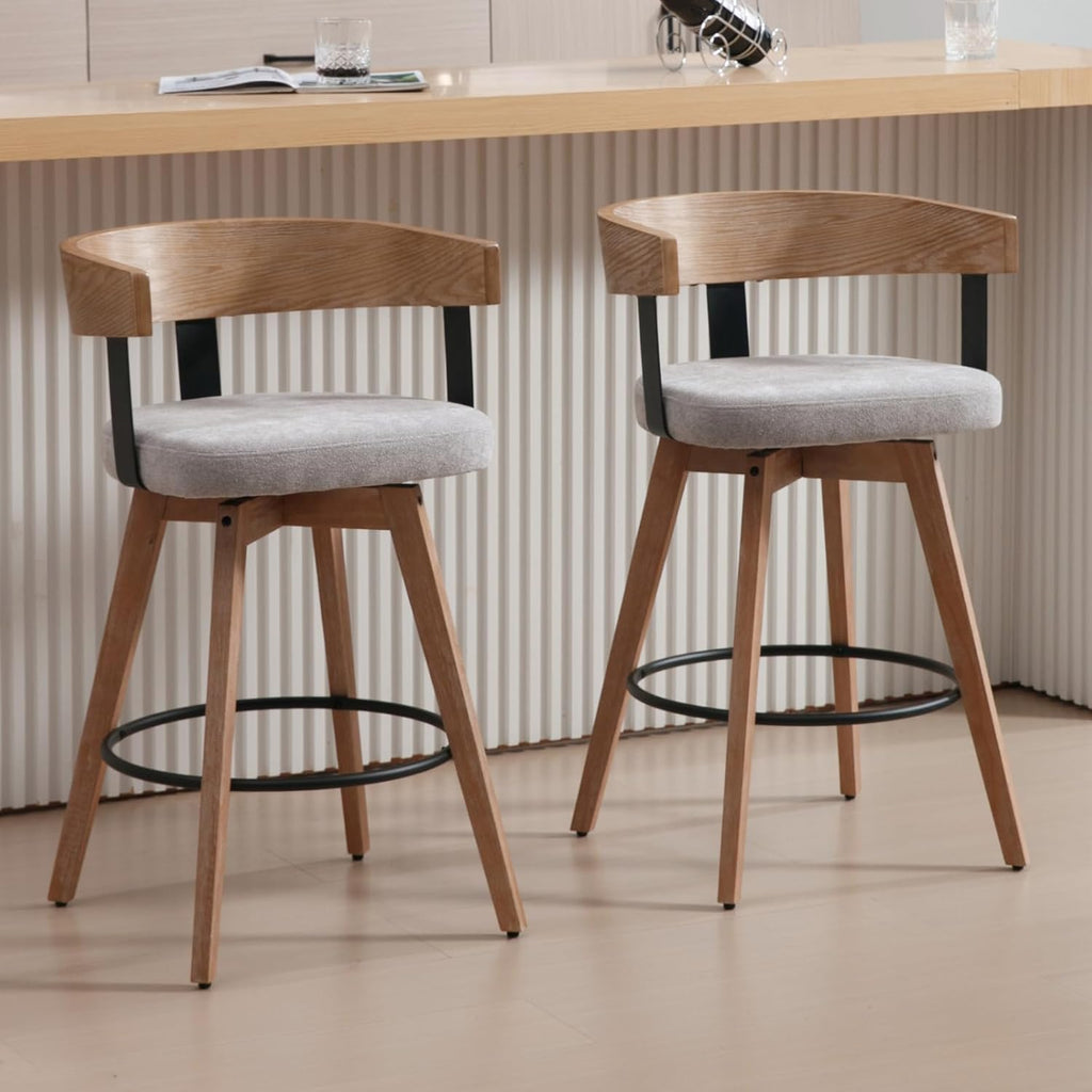LukeAlon Linen Upholstered Counter Stools Set of 2, 360° Swivel Wooden Kitchen Stools with Wood Full Back Mid Century 26.25" Seat Height Low Barstools for Dining Room Kitchen Island, Grey