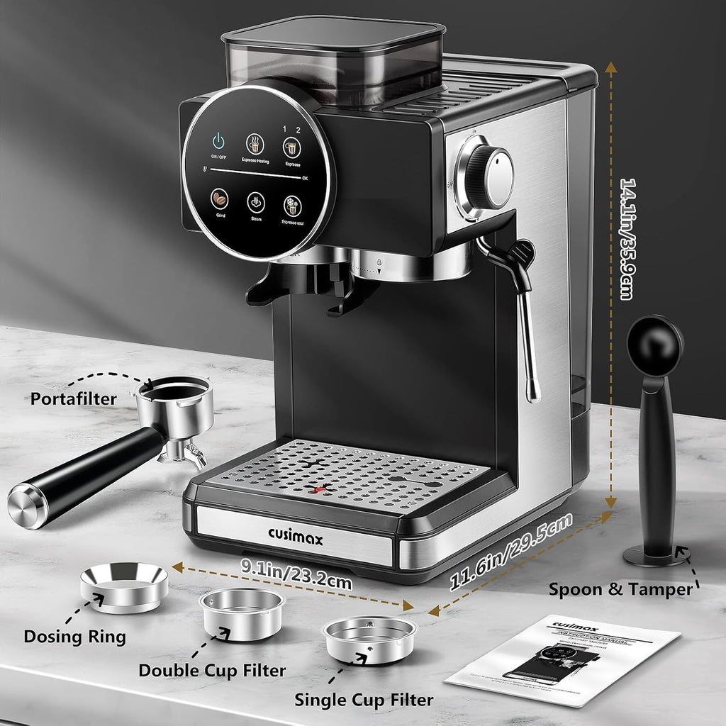 CUSIMAX Espresso Machine with Grinder, 20 Bar Professional Expresso Coffee Machines with Milk Frother Steam Wand, Espresso Maker with 60oz Removable Water Tank, Cappuccino & Latte Machine for Home